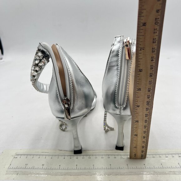 Wansseny Silver Gorgeous Rhinestone Ankle Strap Open Square Toe Back Zip Sandals - Picture 6 of 9